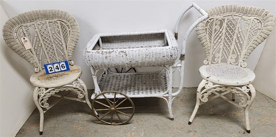 Pr. Wicker Chairs 34" H X 16" W X 14 1/2" D w/Wicker Cart 34" H X 34" L X 19" W