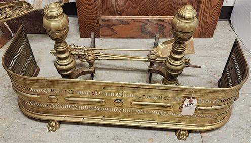 Pr. Brass Andirons 19" H, Brass Fire Fender 10 1/2" H X 36 1/2" W X 12" D w/Fire Tools