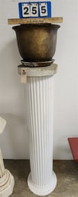Wooden Reeded Column w/Cast Cement Top 4'2" H X 12" Diam. w/Chinese Porcelain Pot + Liner