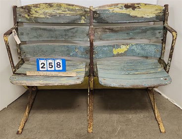 2 Seat 1920's Cast Iron Frame Wooden Slat Fold Down Yankee Stadium Seats 29 1/2" H X 42 1/2" W X 15"