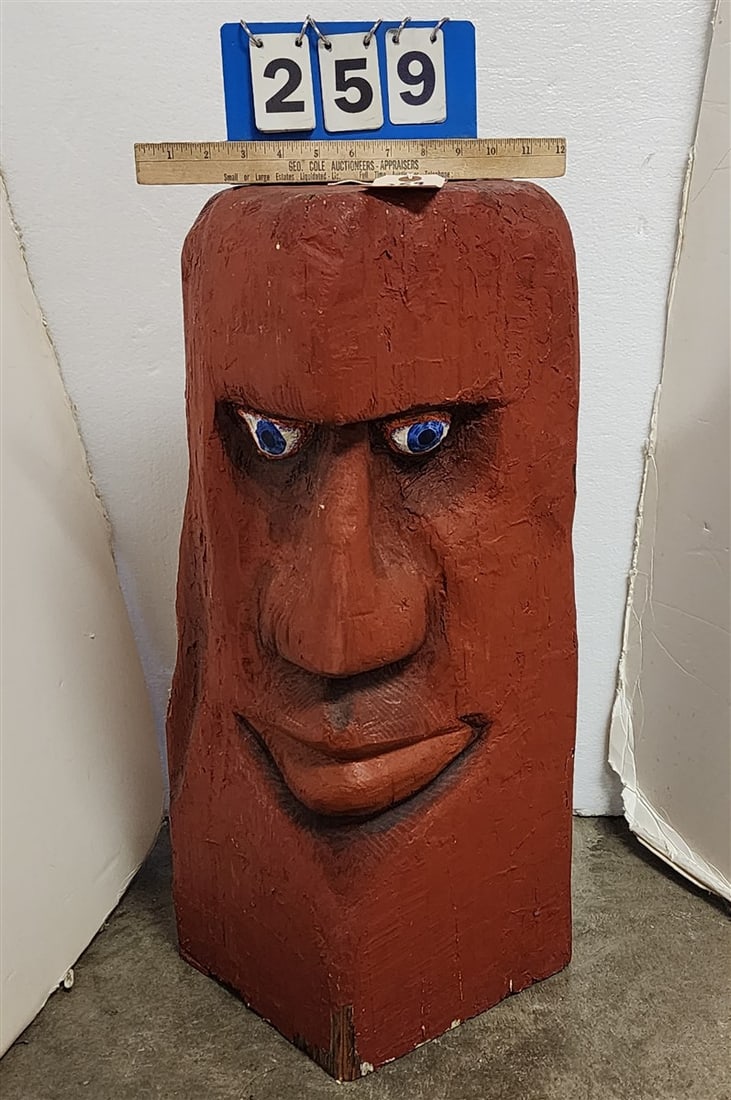 Wooden Face Sculpture By Hy Varon 25" H X 9" Sq.: Wooden Face Sculpture By Hy Varon 25" H X 9" Sq.