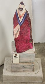 Ptd. Stone Sculpture 15" On Marble Block Base 11 1/2" H X 13" W X 9" D