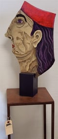 Ptd. Stone Face Sculpture 24 1/2" H X 14" W w/Metal Base 36" H X 12" Sq. By Hy Varon