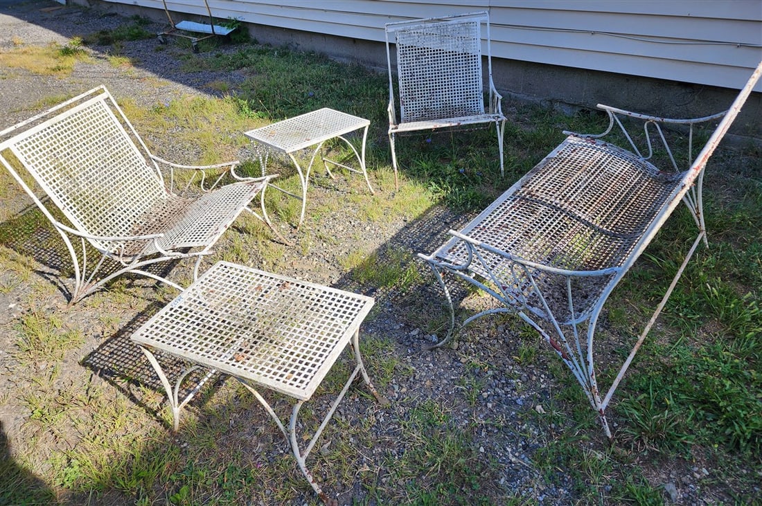 5 Pc. Wrought Patio Set - Bench 32 1/2" H X 41" W X 17 1/2" D + Pr. Arm Chairs 28 1/2" H X 23" W X (1 of 3)