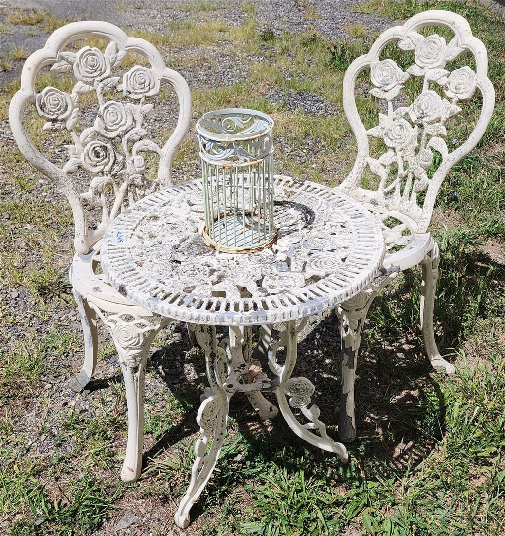 Cast Aluminum Patio Table 23 1/2" H X 20" Diam. + Pr. Chairs 33 1/2" H X 15" W X 13" D (1 of 3)