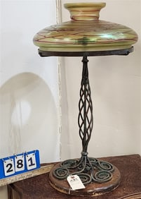 Bronze + Wood Base Vintage Table Lamp  w/Art Glass Shade 27 1/2" H X 16" Diam.