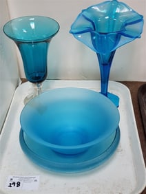 Tray Blue Imperial Stretch Bowl 2 1/2" H X 10" Diam., Weighted Sterl. Base Blue Vase 11" + Blue Bowl