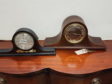 2 Deco Mahog. Tambor Clock Mantel Clocks - Seth Thomas 9 1/2" H X 20" W X 6" D + Gilbert 8 1/4" H X