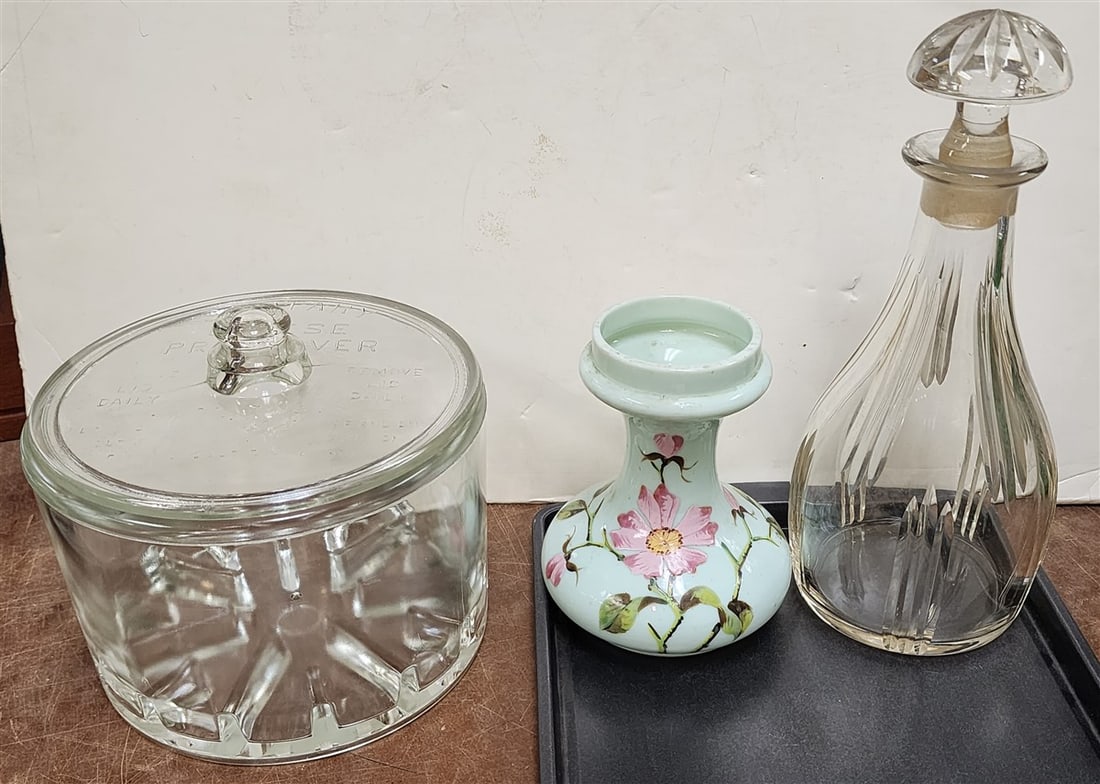 Tray Vintage Sanitary Cheese Preserver 6 1/2" H X 7 1/2" Diam., Cut Decanter 11" + Opaline Vase 6" (1 of 10)
