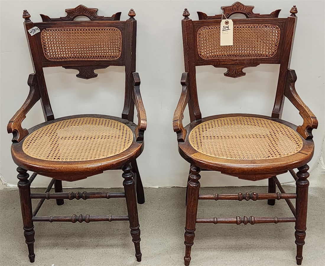 Pr. Vict. Walnut Cane Back + Seat Chairs 34" H X 20" W X 17 1/2" D (1 of 2)