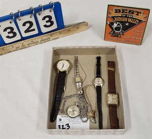 Lot 5 Wrist Watches - GF Longines, GF Gruin, Diantus, Timex + Belforte Stainless Necklace Pendant -