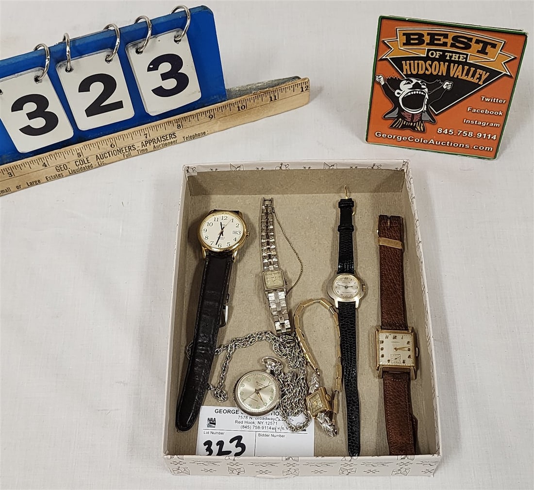 Lot 5 Wrist Watches - GF Longines, GF Gruin, Diantus, Timex + Belforte Stainless Necklace Pendant -: Lot 5 Wrist Watches - GF Longines, GF Gruin, Diantus, Timex + Belforte Stainless Necklace Pendant - Working
