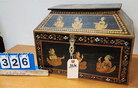 Indo Ptd. Wooden Casket 11 1/2" H X 15 3/4" W X 10" D w/Contents - School Bell, Wooden Shepherd