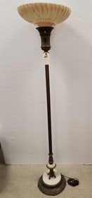 Brass Floor Lamp w/Alabaster Mounts + Glass Shade 5'6"