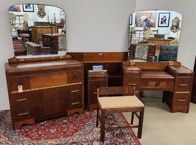 Deco Walnut 5 Pc. Bed Set - 3 Drawer Dresser 35 1/2" H X 41" W X 18" D, Vanity 65" H X 44" W X 17