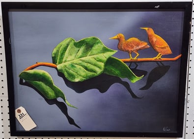 Framed Acrylic On Board Birds On Branch Sgnd Varon 17 1/2" X 23 1/2" w/Frame 19 1/4" X 25 1/4"