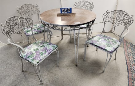 Wrought Base Patio Table 31" H X 36" Diam. w/4 Chairs 33 1/2" H X 20" W X 15 1/2" D
