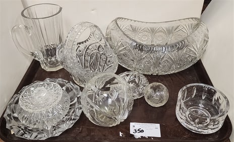 Tray 10 Pc. Cut Glass Bowls, Pitcher, Basket Etc.
