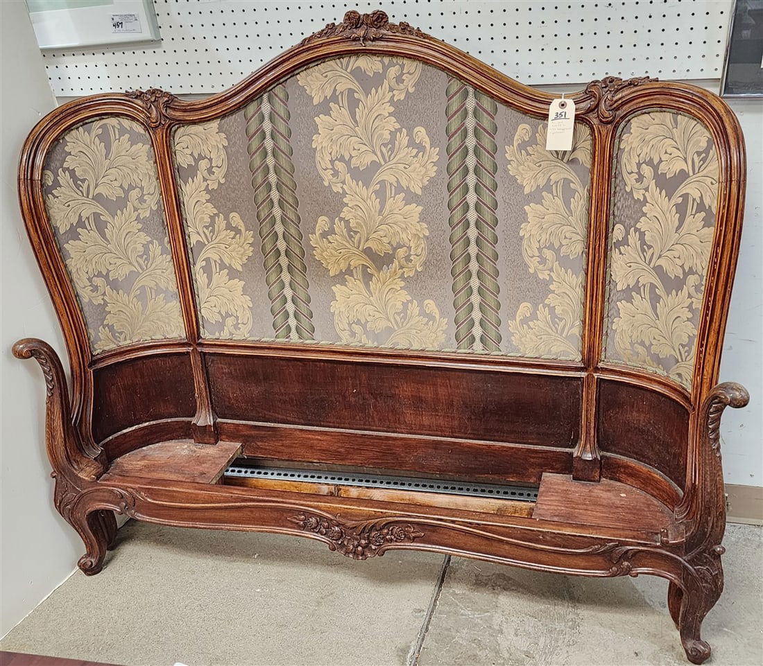 Fr. Style Carved Wood Framed Uphols. Panel Bed 4' H" X 58" W w/Bx Bed Spread + Pillows (1 of 4)