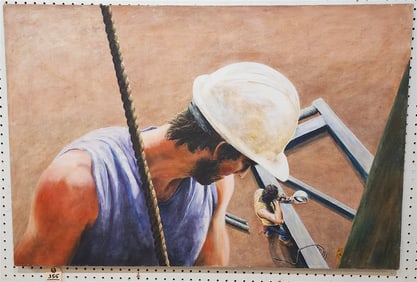 Unframed O/C Construction Workers Sgnd Allan Shriloff 28" X 42"