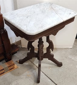 Victorian Walnut Marble Top Stand (Marble Has Been Repaired) 28 1/2" H X 24" W X 18" D