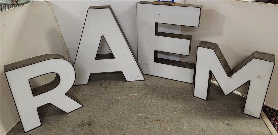 Metal + Lucite Electric Letters - 'A' - 36 1/2" H X 35 1/2" W X 5 1/2" D, 'R'- 24 1/2" H X 21" W 5: Metal + Lucite Electric Letters - 'A' - 36 1/2" H X 35 1/2" W X 5 1/2" D, 'R'- 24 1/2" H X 21" W 5 1/2" D, 'E'- 36 1/2" H X 28" W X 5 1/2" D + 'M'- 24 1/2" W X 24" W X 5 1/2" D