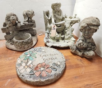 Lot 4 Cast Cement Garden Figures - 3- 11" + 12" Diam.