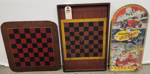 2 Game Boards, 1- 19th C  1 1/2" H X 23" W X 15" D + 1- On Masonite 18" Sq. + 500 Mile Speedway