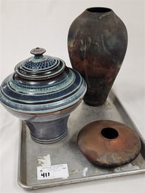 Tray Art Pottery -  2 Reku Pottery Vases 1-Sgnd Thomas -12" + 2" H X 6 1/4" Diam. + Glazed Pottery