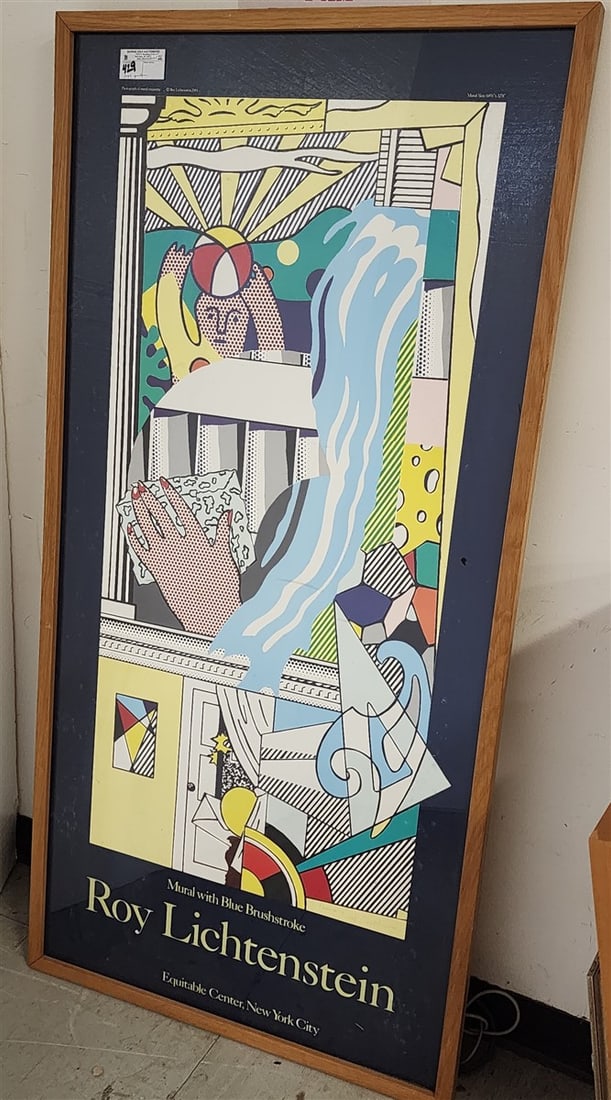 1984 Roy Lichtenstein Mural w/Blue Brushstoke Poster 58" X 28" w/Frame 60 1/2" X 30" (1 of 3)