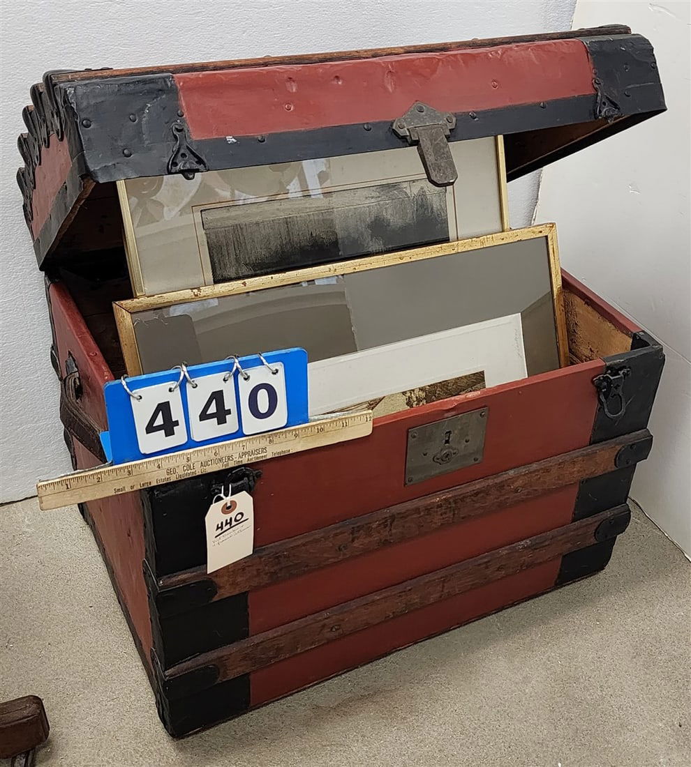 Victorian Trunk 20" H X 24" W X 18 1/2" D w/Etching Sgnd Easton + Etching Sgnd Daniel Dallman + (1 of 5)