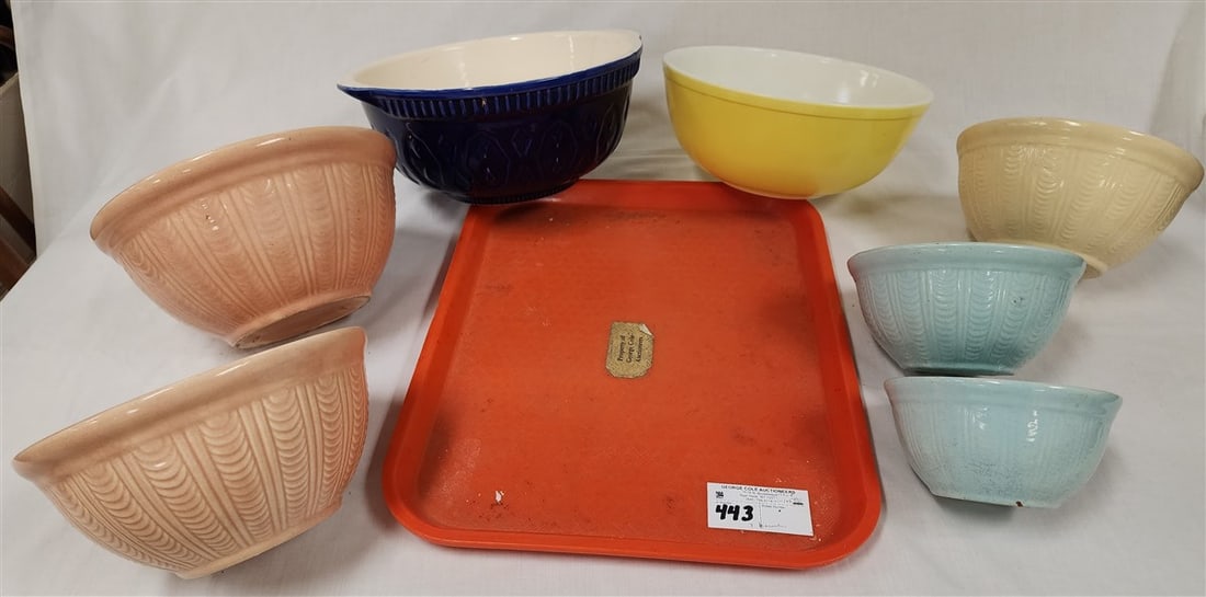 Tray 5 Vintage Graduated Mixing Bowls - Largest - 4 1/2" X 10" Diam., Lg. Mixing Bowl 5" H X 11: Tray 5 Vintage Graduated Mixing Bowls - Largest - 4 1/2" X 10" Diam., Lg. Mixing Bowl 5" H X 11 3/4" Diam., Pyrex Yellow 1950's 4 1/2" H X 10 1/2" Diam.