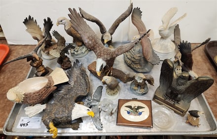 Tray 21 Eagle Figurines - Wood Carvings, Porcelain  Incl. Andrea, Metal Book End, Crystal, Etc.
