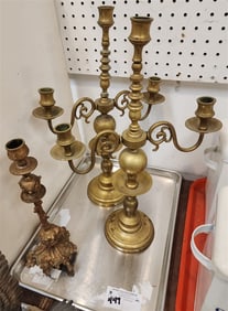 Tray 19th C Pr. Brass Candlesdticks 19 1/2" + Brass Plate Candlestick 13"