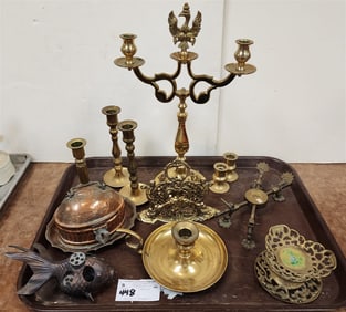 Tray Brass & Copper - 8 Brass Candlesticks, Brass Eagle Sconce + Copper Covered Bx, Etc.