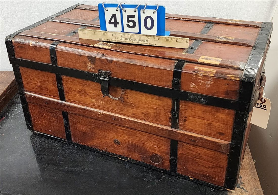 Victorian Flat Top Trunk 14" H X 27 1/2" W X 21 1/2" D + Woven Rug 2'7 1/2" X 4'2" (1 of 2)