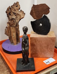 Tray 3 Sculptures By Hy Varon -  2- Wooden 12", 13"  + 1 Plaster 10"