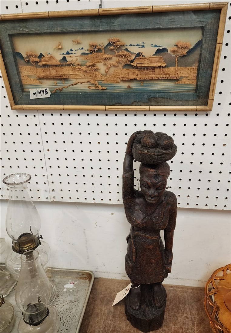 Carved Wooden African Figure Of A Woman 23" H + Framed Chinese Carved Cork Landscape 5 1/4" X 17 (1 of 4)