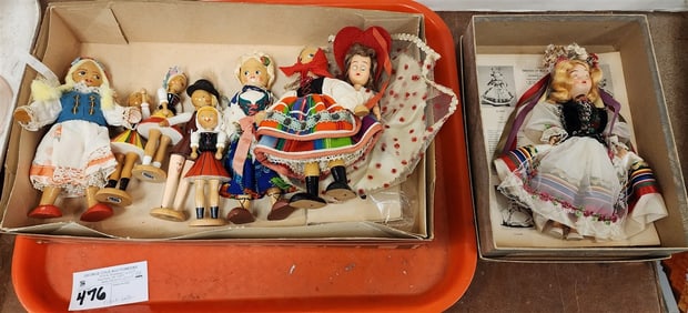 7 Wooden Polish Dolls + Bx'd Corrine Polish Bride Doll Etc.