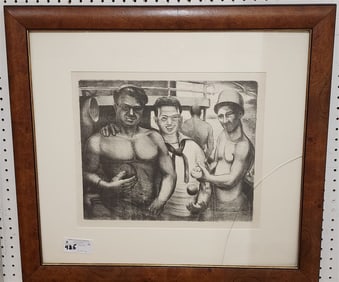 Framed Etching Of Sailors 15 1/4" X 17 3/4" w/Frame 26 3/4" X 29 3/4"