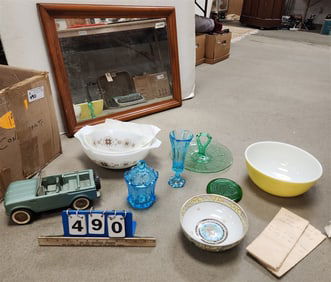 3 Graduated Size Pyrex Mixing Bowls, Yellow Pyrex , Blue Pressed Glass, Ertl Jeep + Maple Framed