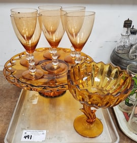 Tray Amber Glass - Cake Compote 4 1/2" H X 14" Diam., Compote + 6 Glasses