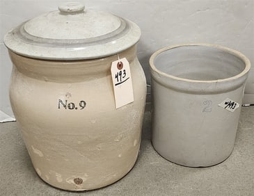 No. 9 Stoneware Dispenser w/Lid 15" H X 11" Diam. + 2 Gallon Stoneware Crock 10" H X 9 1/4" Diam.