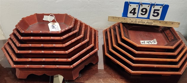 2 Sets Chinese Wooden Graduated Size Stackable Bowls - 7" H X 17" W X 13" D + 4 1/2" H X 14" Sq.