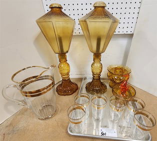 Tray Amberglass - Pr. Lantern Shaped Candle Holders 19" H, Mid Century 7 Pc. Lemonade Set, Indiana