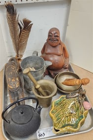 Tray - Japanese Cast Iron Tea Pot, Chinese Pottery Leaf Tea Pot, 2 Bronze Singing Bowls, Bronze