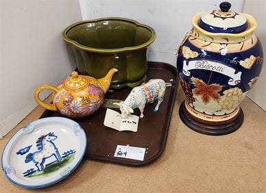 Tray - Ceramic Biscotti Covered Jar, Cow Parade Figurine, MH Hadley Ashtray, Italian Ceramic