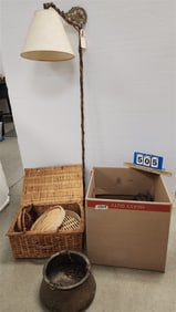 Cast Iron Floor Lamp 54 1/2" + Bx Wood Planes, Binnoculars, Brass Hanging Pot, Picinic Basket, Etc.