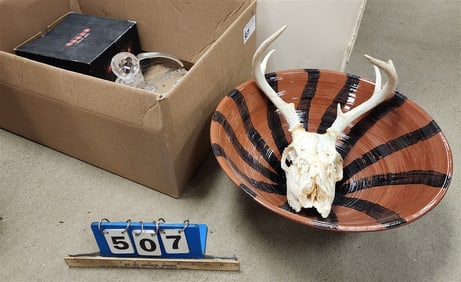 Bx Deer Skull, Poker Chip Set, Lg. Pottery Bowl 6 1/2" H X 16" Diam., Crystal Decanter, Orrefors
