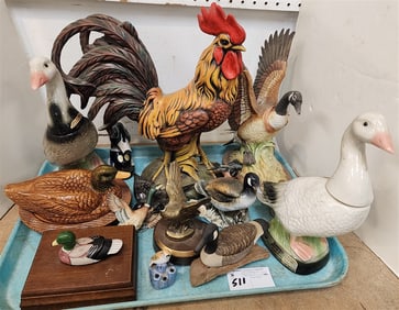 Tray 15 Bird Figurines - Metal, Ceramic, Wood + Decanters